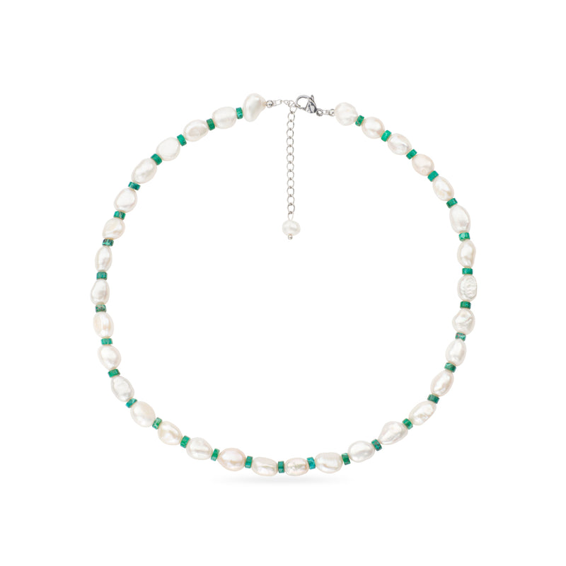 Tinos Necklace- Chunky Freshwater Pearl and Malachite