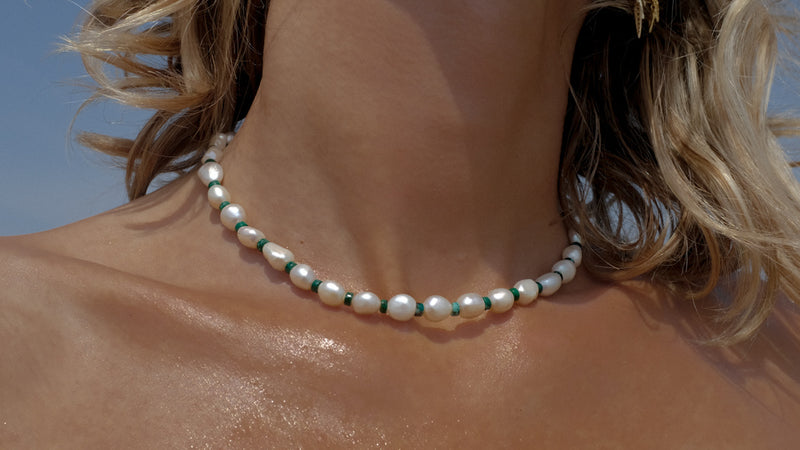 Tinos Necklace- Chunky Freshwater Pearl and Malachite